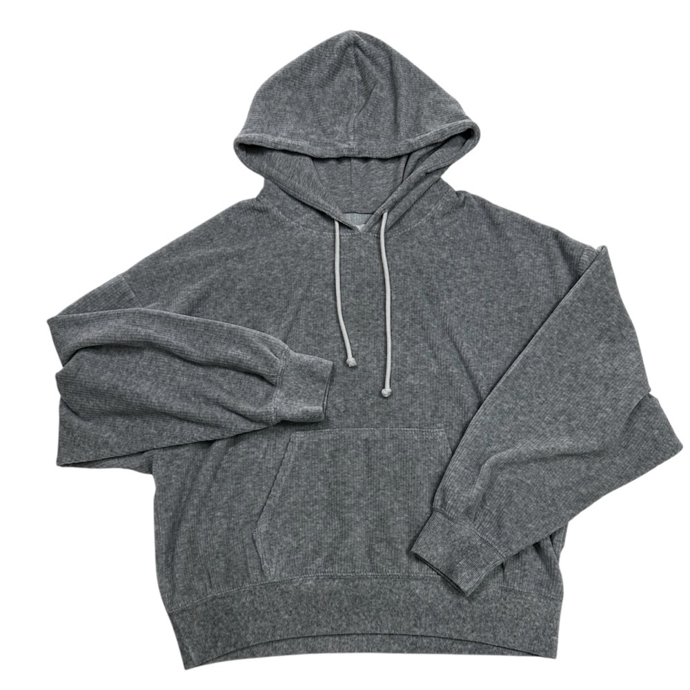 American Eagle Gray Knit Cropped Hoodie Sweater Drawstring Pocket Women’s M - Picture 3 of 8
